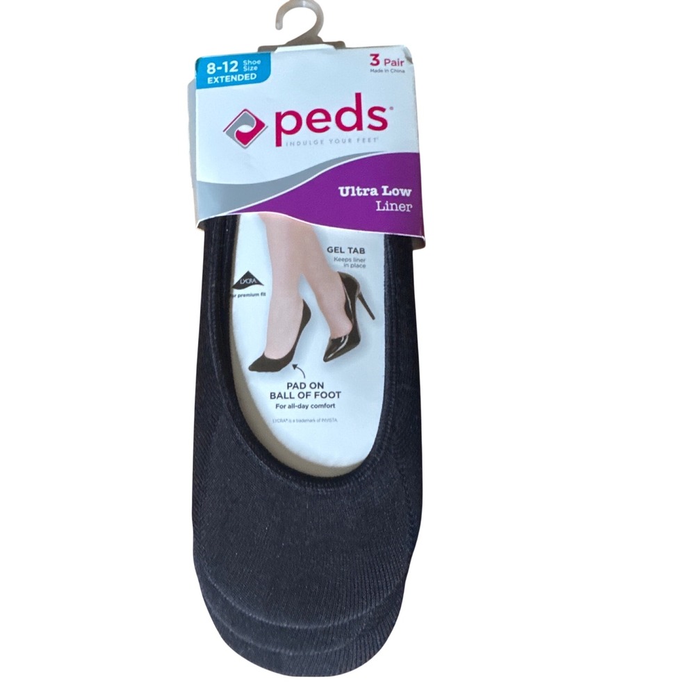 Peds Ultra Low Liner 3 Pair Black Socks Ball of Foot Pad Gel Tab Sz 8-12 NWT